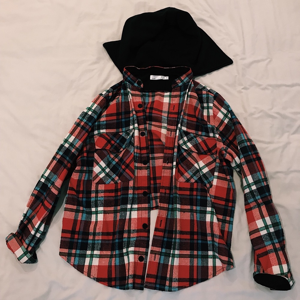 Flannel print jacket with hood
